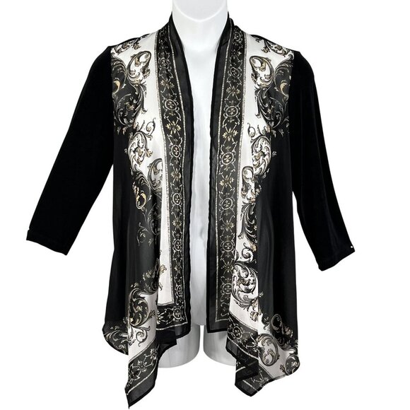 Chicos Travelers 1 M  Black White Chiffon Cascading Elegant Open Cardigan Jacket - Picture 1 of 13
